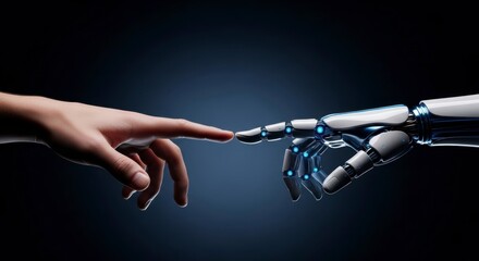 Human and Artificial Touch: A striking visual of a human finger delicately touching a robotic hand, symbolizes the convergence of human and artificial intelligence, technology and mankind.