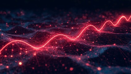 Red glowing waveform abstract background for data visualization and technology concept