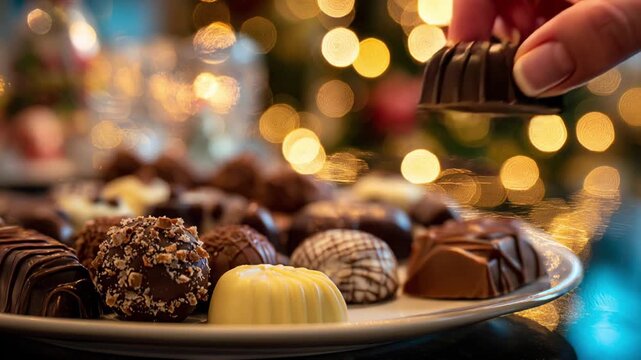 Woman's hand takes a praline chocolate from festive assortment platter