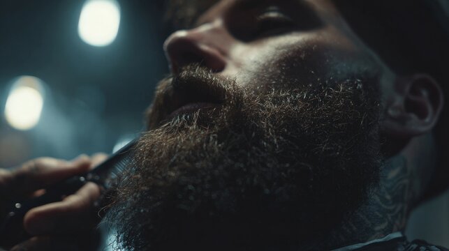 Professional barber meticulously trims a man's beard with scissors and comb, capturing a moment of refined grooming and personal style.