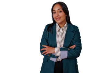 Young businesswoman standing confidently, professional female smiling with arms crossed, transparent background