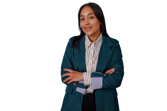 Young businesswoman standing confidently, professional female smiling with arms crossed, transparent background