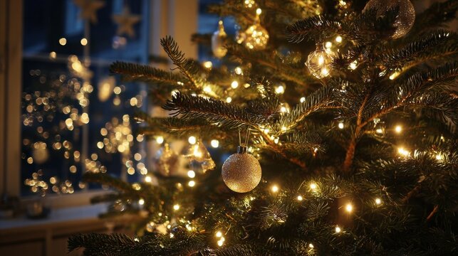 Capture the magic of the holidays with a beautifully decorated Christmas tree shimmering with warm, inviting lights and elegant ornaments, perfect for seasonal celebrations.