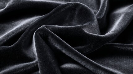 Luxurious deep black velvet fabric drapes with elegant folds, showcasing rich texture and subtle shimmer, perfect for high fashion and interior design projects.