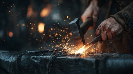 Intense close-up of a blacksmith's hands hammering glowing metal on an anvil, sparks flying dynamically in a warm, dramatic workshop atmosphere.