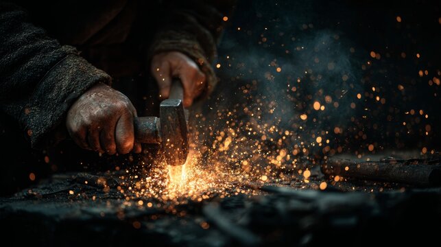 Master blacksmith shapes glowing metal with hammer, showering sparks in dramatic workshop ambiance, capturing raw creation and skilled artistry.