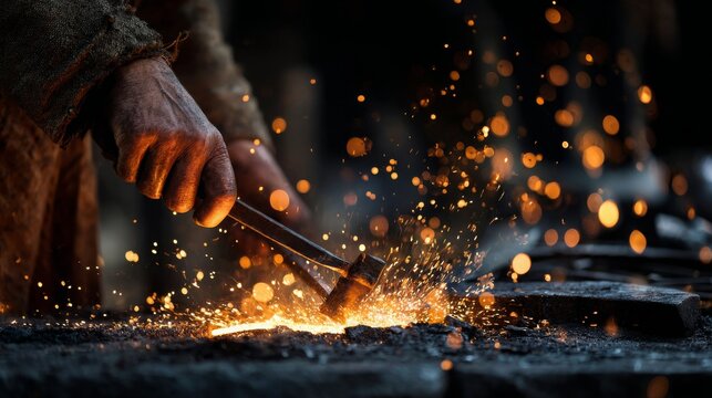 Skilled blacksmith meticulously crafts metal with glowing sparks flying, capturing the intense heat and artistry of traditional industry.