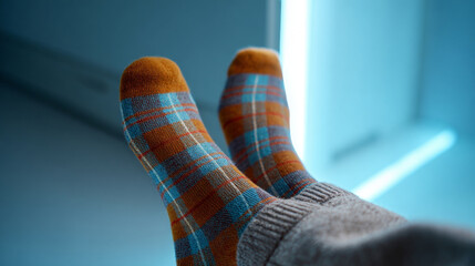 Close-up of feet wearing colorful plaid socks with orange toes and heels resting indoors on a soft surface with blue ambient lighting