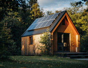 Fototapeta premium A wooden cabin with solar panels on the roof surrounded by trees on a sunny day in a green environment
