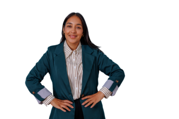Confident businesswoman smiling, hands on hips, standing with strength, leadership, and success on transparent background