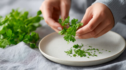 Close-up of hands picking fresh green parsley leaves over a white ceramic plate on a textured cloth surface