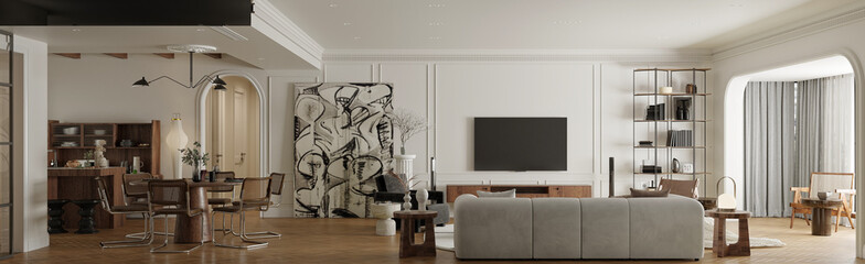 3d render luxuty home interior living room dining space