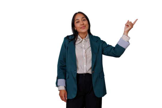 Confident indian businesswoman presenting and pointing showing direction, smiling with transparent background - Powered by Adobe