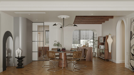 3d render luxuty home interior living room dining space