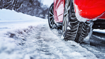 Winter Snow Covered Road with Car Tire Tracks, Snowy Street Surface, Vehicle Wheel Marks in Fresh White Snow, Cold Weather Driving Conditions