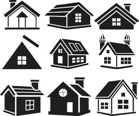 Collection of simple modern house icons and building silhouettes