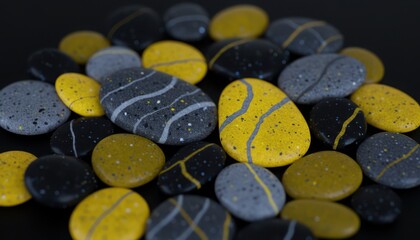 Decorative Pebbles Array: Golden, Grey, and Black Smooth Stones with Abstract Patterns on Dark Background
