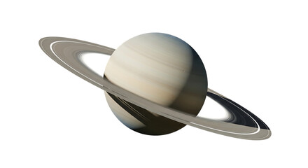 Planet Saturn, with its prominent rings casting a shadow on the planet's surface, cutout, PNG isolated on white or transparent background