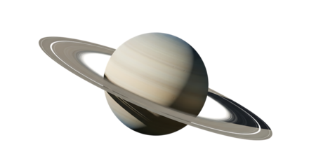 Planet Saturn, with its prominent rings casting a shadow on the planet's surface, cutout, PNG isolated on white or transparent background