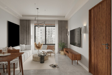 3d render luxuty home interior living room dining space