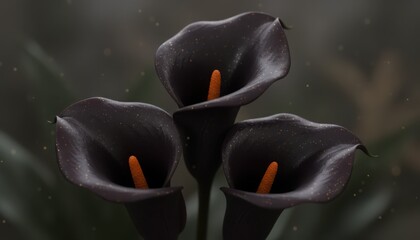 Dramatic Black Calla Lilies with Dewdrops; Mysterious Dark Floral Arrangement, Elegant Nature Detail
