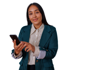Young businesswoman using cell phone, smiling at camera, embracing communication and technology on transparent background