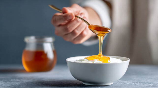 Close-up of honey being drizzled from a spoon onto a bowl of creamy yogurt with a jar of honey in the background - Powered by Adobe