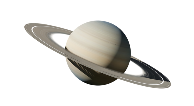 Planet Saturn, with its prominent rings casting a shadow on the planet's surface, cutout, PNG isolated on white or transparent background