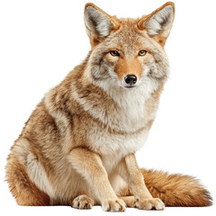 Fototapeta premium Coyote sitting in a watchful pose against a white background in a studio setting