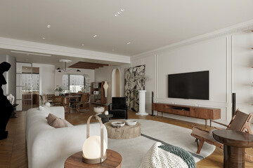 3d render luxuty home interior living room dining space