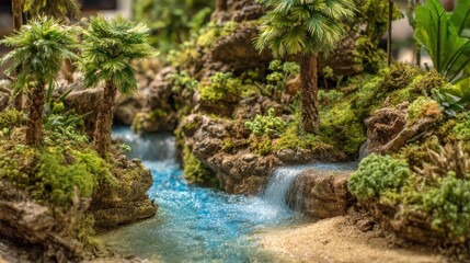 A detailed miniature scene showcases a waterfall surrounded by vibrant greenery and palms. The peaceful stream flows gently through rocks, enhancing the tranquil atmosphere.
