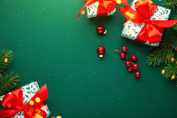 Merry Christmas and Happy Holidays greeting card, frame, banner. New Year. Red Christmas ornaments...