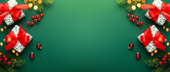 Merry Christmas and Happy Holidays greeting card, frame, banner. New Year. Red Christmas ornaments...