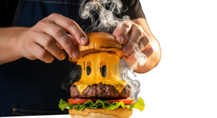 Chef Hand Assembling a Fresh Burger with Melting Cheese and Smoke Effect, Dynamic Composition