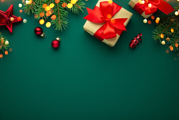 Christmas background with xmas tree, red decorations, gifts, presents on green background. Merry...