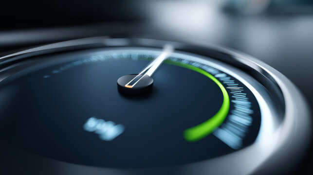 Close-up of a modern analog gauge with a pointing to a green zone, indicating measurement or performance in a sleek metallic frame