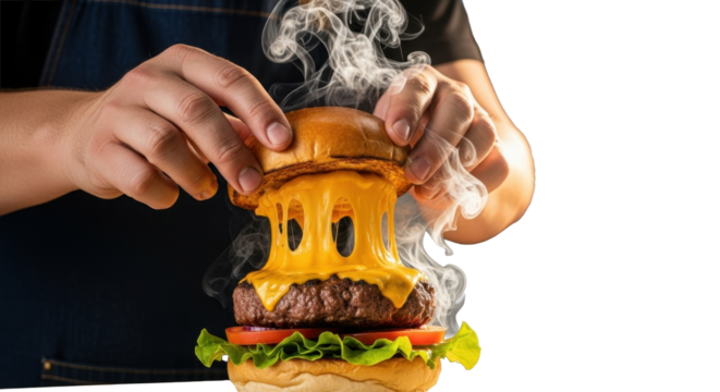 Chef Hand Assembling a Fresh Burger with Melting Cheese and Smoke Effect, Dynamic Composition