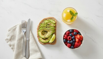Healthy Breakfast Spread: Avocado Toast, Poached Egg, Mixed Berries on White Table