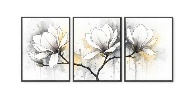 A serene triptych of watercolor magnolia flowers in full bloom, each panel showcasing the flowers delicate petals, isolated on white background