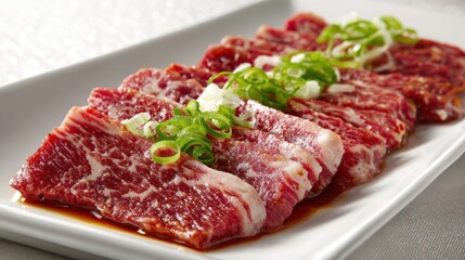 Tender slices of marbled beef are elegantly arranged on a white platter. Topped with fresh green onions, the dish promises a flavorful experience. Perfect for grilling or cooking.