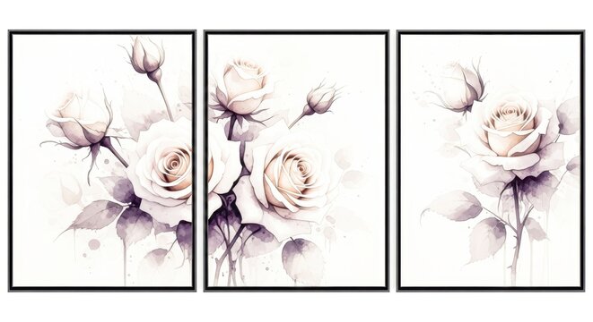 Elegant rose triptych isolated on white background, a delicate watercolor painting showcasing floral art in a vintage and romantic style