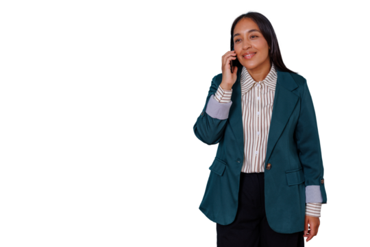 Professional businesswoman smiling, talking on mobile phone, having video call, communication concept on transparent background - Powered by Adobe