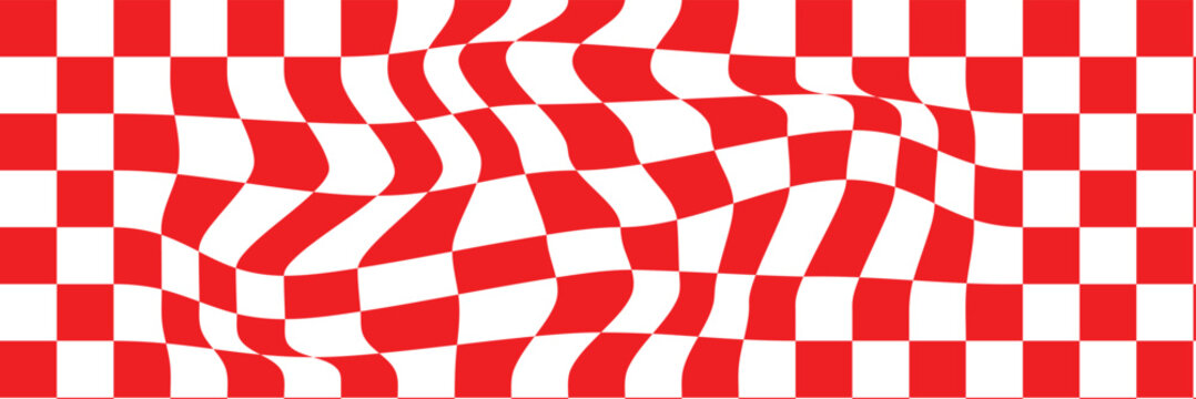 Wavy checkerboard visual distortion illusion. Chess board. Vector illustration. Black and white checkered pattern, Checkerboard seamless pattern. Abstract chess texture style optical illusion effect