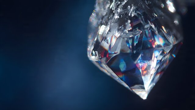 Prismatic Brilliance: A Close-Up of a Faceted Gem with Rainbow Light Refractions on a Deep Blue Background