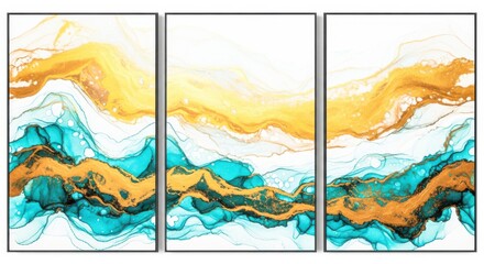 Triptych of abstract fluid art paintings featuring swirling waves of gold and teal, creating a dynamic and luxurious visual experience isolated on white background