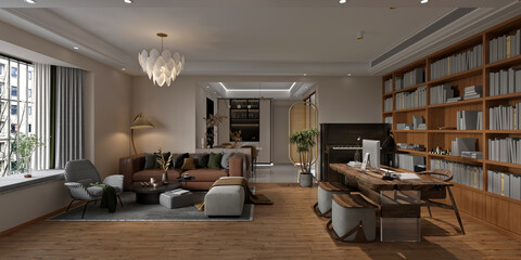 3d render luxuty home interior living room dining space