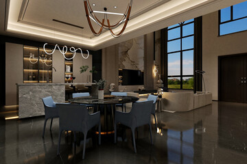 3d render luxuty home interior living room dining space