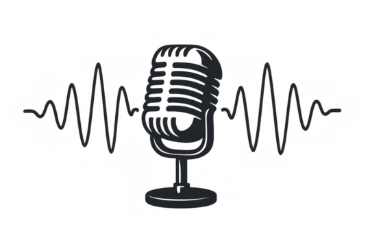 Vintage microphone with sound waves, symbolizing audio recording, podcasting, and broadcasting concepts - Powered by Adobe