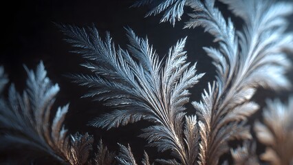Winter's Delicate Art: Intricate Frost Patterns on Glass, Shimmering with Ethereal Light Against a Dark Background, Showcasing Nature's Crystalline Beauty in Macro Detail.