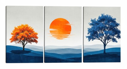 Triptych canvas art featuring vibrant autumn and winter trees with a setting sun